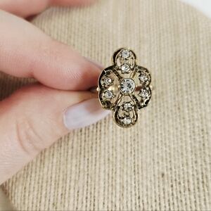 Vintage 18K H.G.E. Gold Plated Navette Art Deco Black Enameled Rhinestone Ring 8